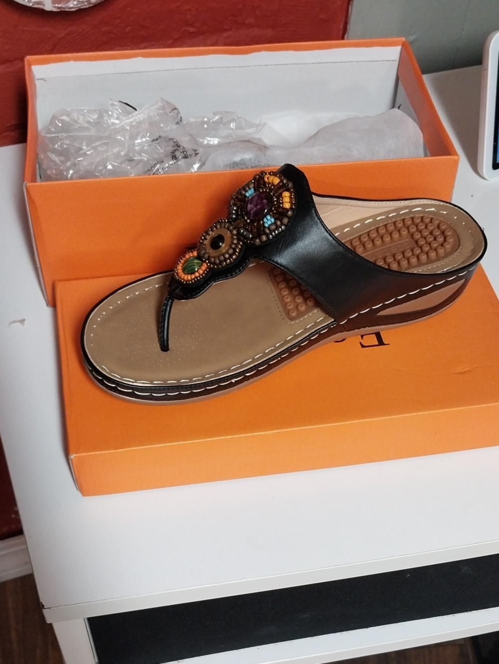 Women's Black Beaded Thong Sandal with Multicolor Accents